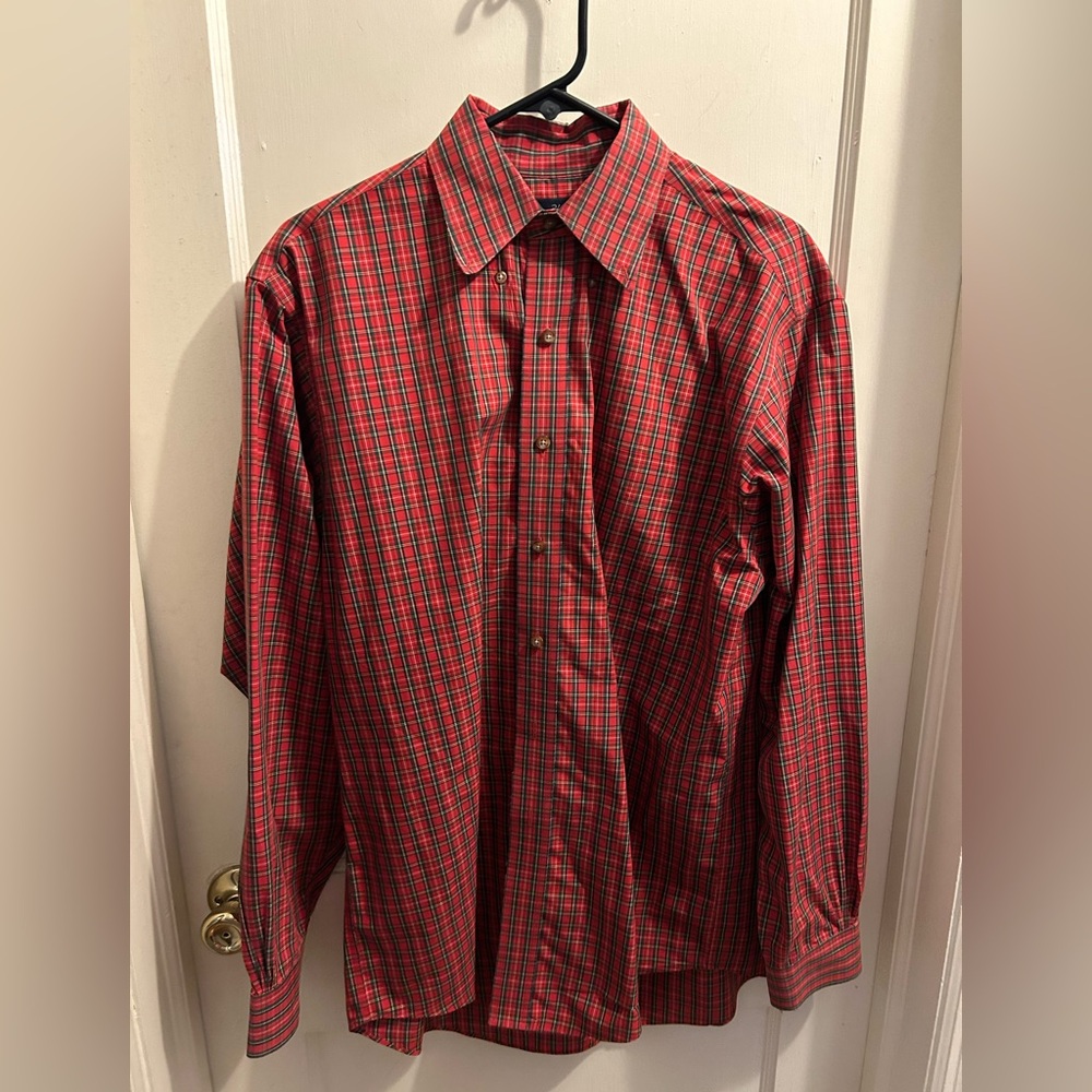 Brooks Brothers 346‎ men's red plaid non-iron button-down shirt size M Christmas